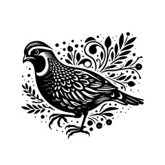 Stylized Black and White Silhouette of a Quail with Floral Embellishments.