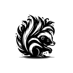 Stylized Black and White Skunk with Bushy Tail and Flowing Mane.