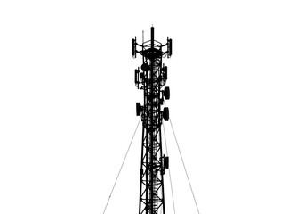 Silhouette of a tall communication tower with antennas against a white background