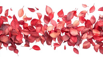 A stream of vibrant red autumn leaves against a stark white background, creating a visually appealing horizontal pattern