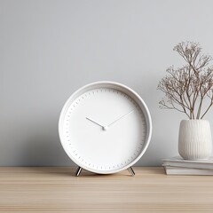 White round clock on light wood surface with vase and plant