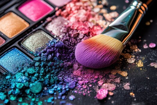 Eyeshadow palette with scattered pigments and brush