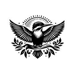 Obraz premium Stylized Black Kingfisher Bird with Open Wings Perched on Branch.