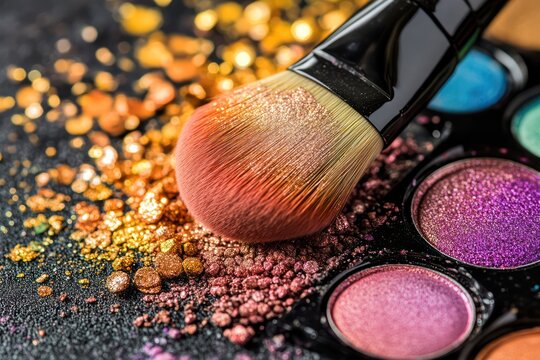 Eyeshadow palette with scattered pigments and brush