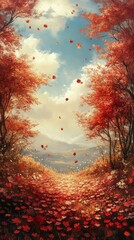 Fototapeta premium Falling Flower Petals in a Red and Orange Autumn Landscape