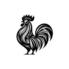Stylized Black Rooster with Ornate Feather Details and Crest.