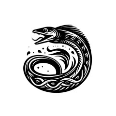 Stylized Black Serpent with Open Mouth and Intricate Tribal Patterns.