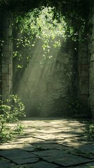 Sunlight Streaming Through Vines and Stone Archway