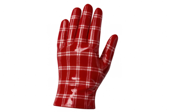 Glossy red rubber protective glove displaying white plaid design, signaling safety warning against transparent backdrop