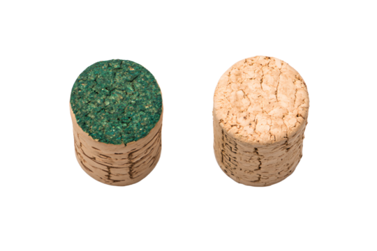 two corks with different colored corks on them