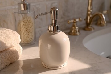 White ceramic soap dispenser on bathroom counter with golden tap
