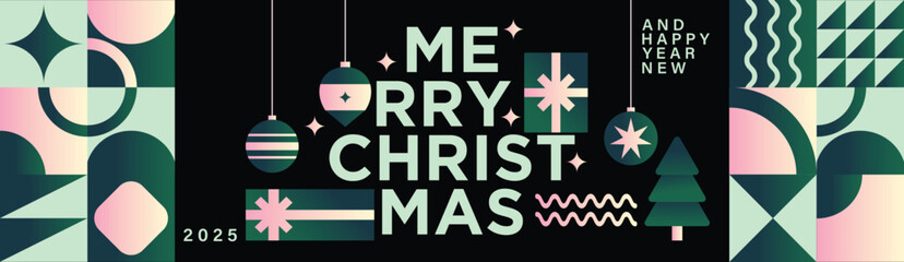 Merry Christmas Gradient Geometric Pattern Banner with Modern Typography and Colorful Festive Ornaments and Snowflakes Holiday Greeting Background Design
