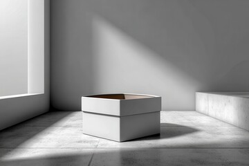 Minimal white product box on concrete floor with soft shadow and light