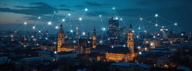 Stylized Munich skyline blended with digital connection overlays, soft evening lighting, elegant tech-infused cityscape, blue and silver color palette