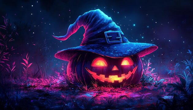 Glowing Jack O Lantern with Witch Hat in Neon Lit Forest halloween pumpkin