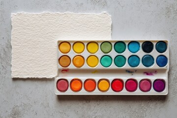 Watercolor paint set on handmade textured paper top-down flat lay