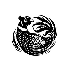 Stylized Black Silhouette of a Pheasant in a Circular Design.