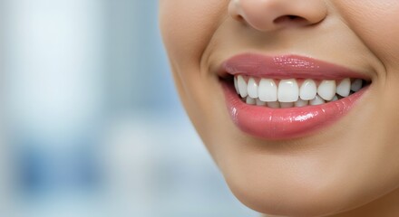 Obraz premium Close-up of a Woman's Bright, Healthy Smile with Perfect White Teeth and Glossy Pink Lips - Ideal for Dental, Beauty, and Wellness Content