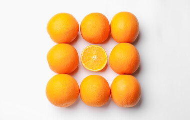 Fresh ripe oranges on white background, flat lay