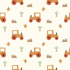 Tractor cartoon so cute. On mountain tree background. Pattern seamless vector illustration. 