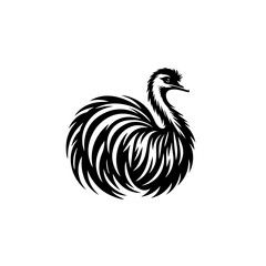 Stylized Black Silhouette of an Emu Bird with Flowing Feathers.