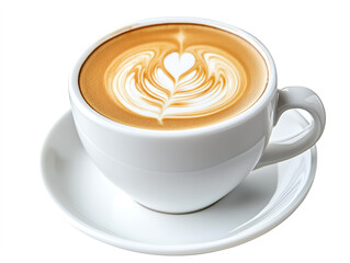 Cup of cappuccino with heart-shaped latte art in a white ceramic cup and saucer