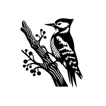Stylized Black Silhouette of a Woodpecker Perched on a Branch with Berries.