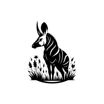 Stylized Black Silhouette of a Zebra Standing Amidst Grass and Flowers.