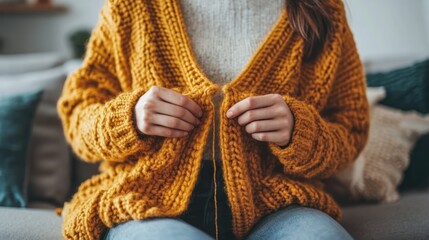 Woman in mustard yellow knitted cardigan