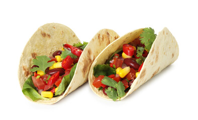Tasty vegetarian tacos with beans and vegetables isolated on white