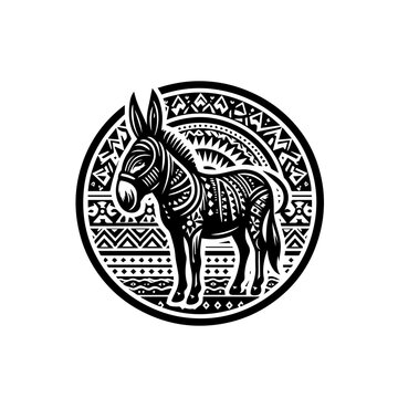 Stylized Donkey with Intricate Tribal Patterns in a Circular Emblem.