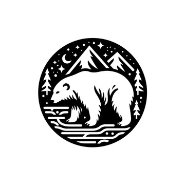 Stylized Polar Bear Walking Through Snowy Landscape Under Moonlit Sky.