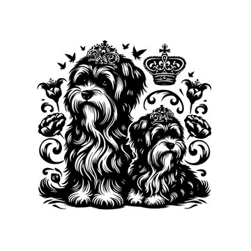 Two regal schnauzer dogs adorned with crowns and surrounded by ornate floral elements and birds.