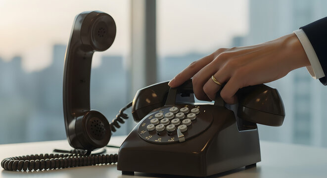 A person's hand dials a number on a vintage brown rotary telephone on a white desk.