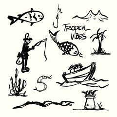 Set of fishing doodle with tropical vibes hand-drawn boat, fish, rod, and tropical icons vector illustration isolated on white background