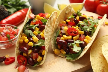 Tasty vegetarian tacos and ingredients on table, closeup