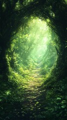 Fototapeta premium Walking Path Through Lush Green Forest with Sunlit Glow