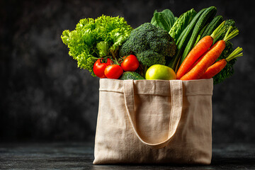 Reusable fabric bag filled with fresh vegetables