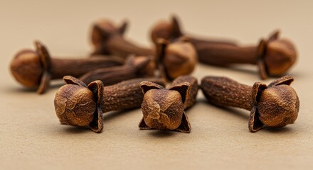 Fototapeta premium Close-up of aromatic brown cloves on a beige surface