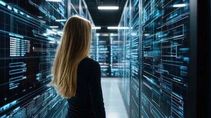 Woman in server room looking at digital displays