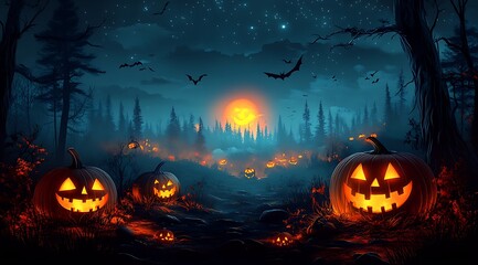 Glowing Jack O Lanterns Illuminate Spooky Forest Path Under Full Moon Halloween pumpkin