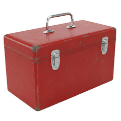 Isolated Photo of a Red Metal Toolbox with Chrome Handle and Silver Clasps