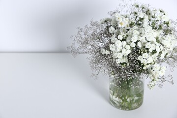 Beautiful flowers in vase on white table, space for text