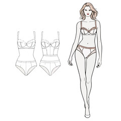 Fashion design template of female figure showing undergarments from rear view