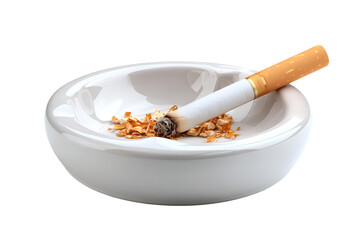 Smoked cigarette in white ashtray tobacco ash