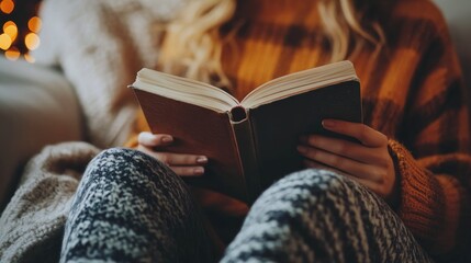 Woman reading a book on a couch