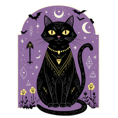 Isolated Illustration Of A Black Cat With Magic Elements In Purple Background