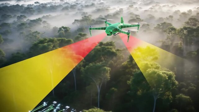 A green drone equipped with sensors flies over a lush forest, projecting red and yellow light beams and data streams