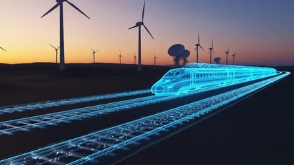 A futuristic blue highspeed train travels on a digital track through a landscape with wind turbines and satellite dishes at sunset - Powered by Adobe