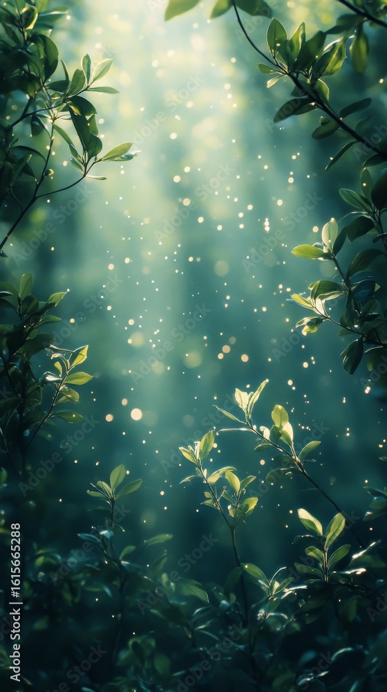 Poster leafy branch frame with bokeh light effect in forest
